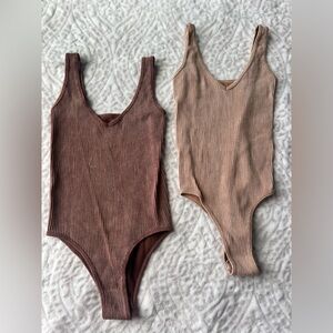 Aura Ribbed Bodysuit Set in Brown and Tan Size S/M